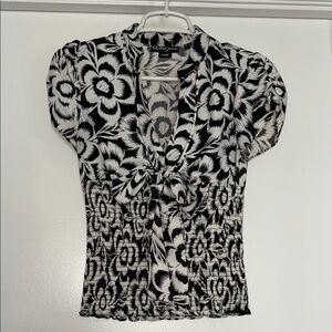 (Vintage) Guess Black and White Smocked Tie-Front Blouse